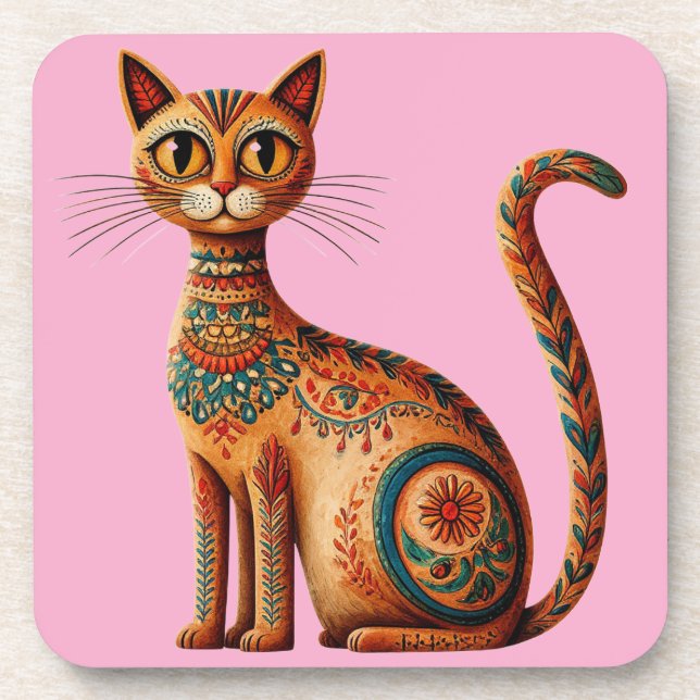 Boho Tribal Cat Cute Folk Art with Flowers Coaster (Front)