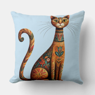 Boho Tribal Cat Cute Folk Art with Flowers Cushion
