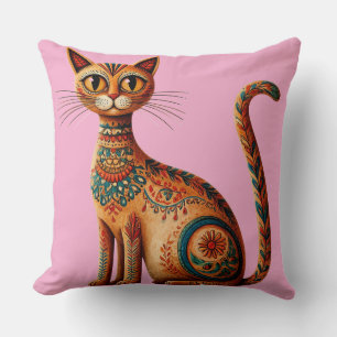 Boho Tribal Cat Cute Folk Art with Flowers Cushion