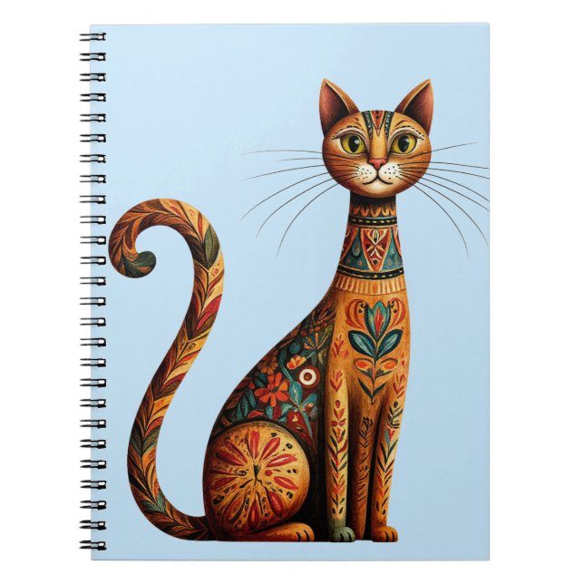Boho Tribal Cat Cute Folk Art with Flowers Notebook (Front)