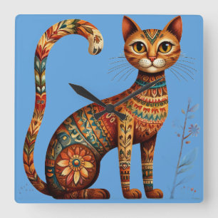 Boho Tribal Cat Cute Folk Art with Flowers Square Wall Clock