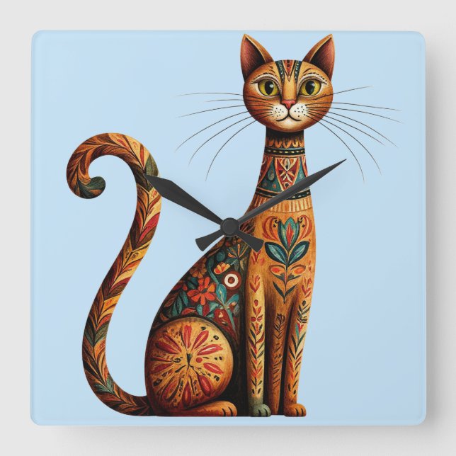 Boho Tribal Cat Cute Folk Art with Flowers Square Wall Clock (Front)