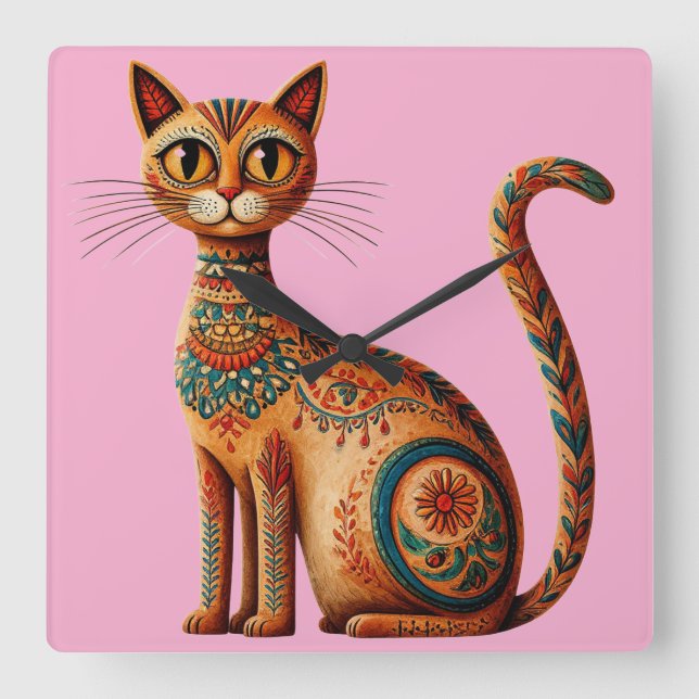 Boho Tribal Cat Cute Folk Art with Flowers Square Wall Clock (Front)