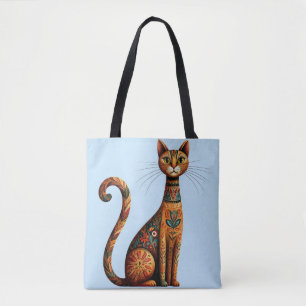 Boho Tribal Cat Cute Folk Art with Flowers Tote Bag