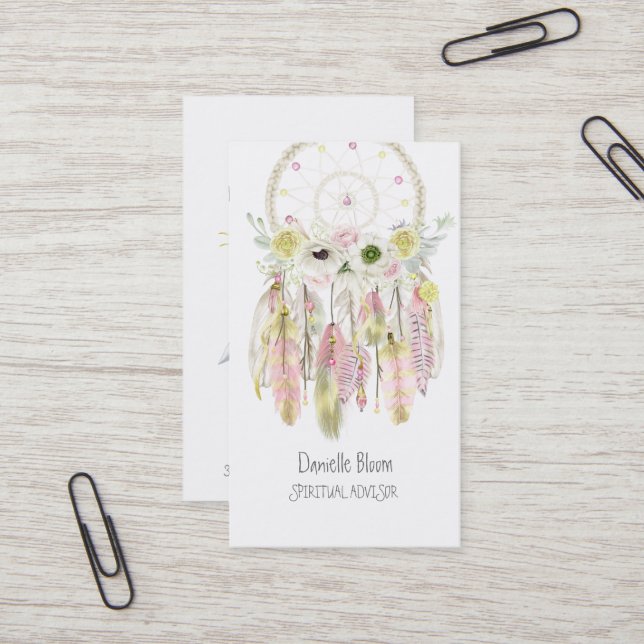 Boho Tribal Dream Catcher Arrows Feathers Flowers Business Card (Front/Back In Situ)