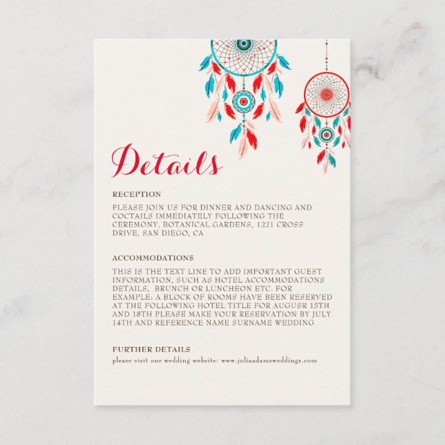 Boho Tribal feather Dreamcatcher Wedding Enclosure Card (Front)