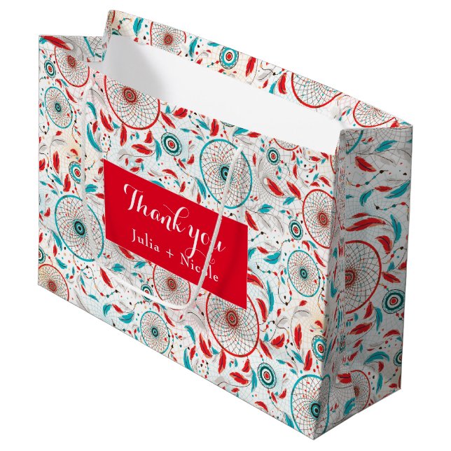 Boho Tribal feather Dreamcatcher Wedding Large Gift Bag (Front Angled)