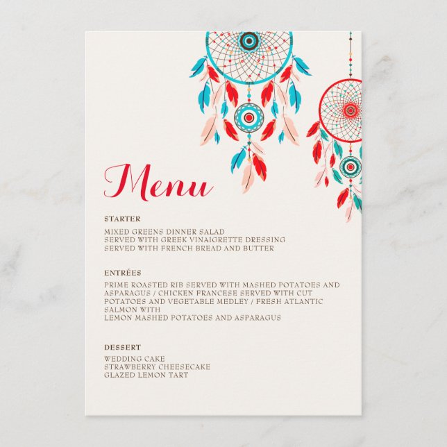 Boho Tribal feather Dreamcatcher Wedding Menu (Front)