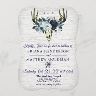 Boho Tribal Floral Antlers Wedding Invitation Navy