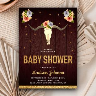 Boho Tribal Floral Cow Skull Baby Shower Invitation