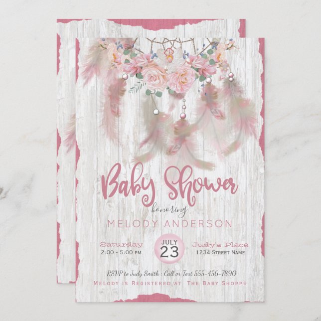 BOHO Tribal Floral Dream Catcher Pink Baby Shower Invitation (Front/Back)
