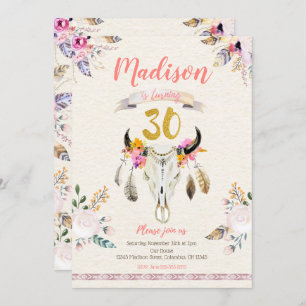 Boho Tribal Floral Skull 30th Birthday Invitation