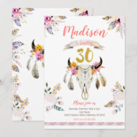 Boho Tribal Floral Skull 30th Birthday Invitation