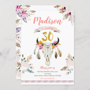 Boho Tribal Floral Skull 30th Birthday Invitation