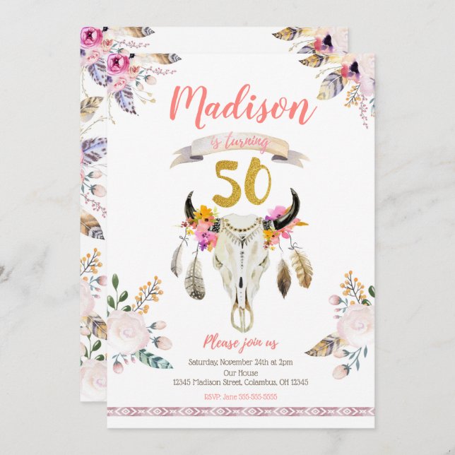Boho Tribal Floral Skull 50th Birthday Invitation (Front/Back)