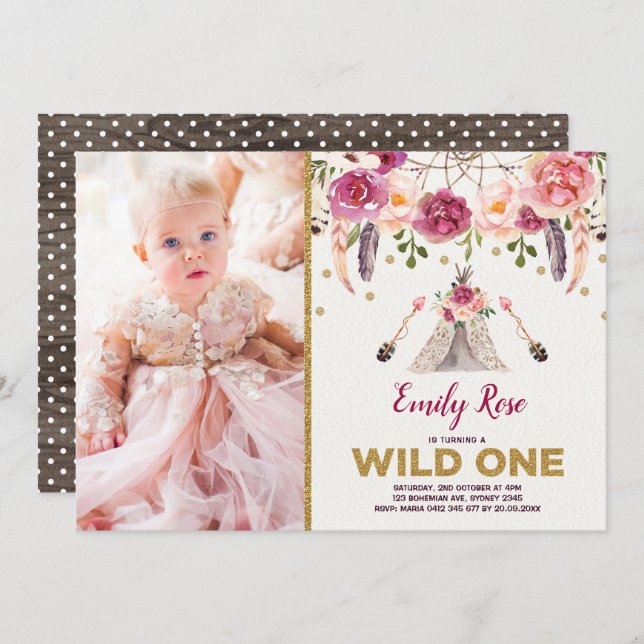 Boho Tribal Floral Wild One Birthday Dreamcatcher Invitation (Front/Back)