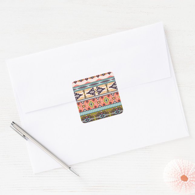 Boho Tribal Geometric Pattern Southwestern Aztec  Square Sticker (Creator Uploaded)
