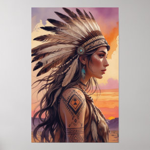 Boho Tribal Queen with Feather Headdress Poster