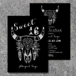 Boho Tribal Skull Black n White Sweet 16 Birthday Invitation