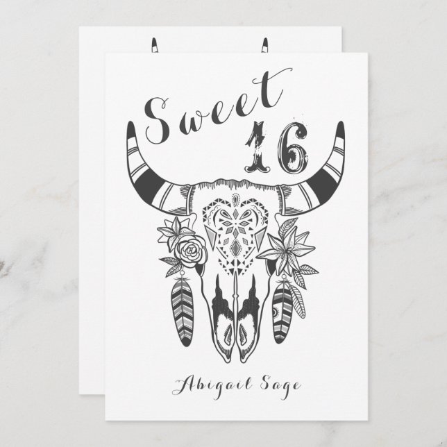 Boho Tribal Skull Bohemian Sweet Sixteen Birthday Invitation (Front/Back)