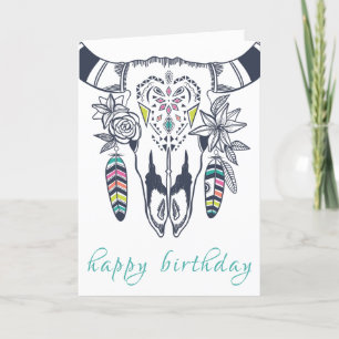 Boho Tribal Skull Bohemian with Turquoise Birthday Card