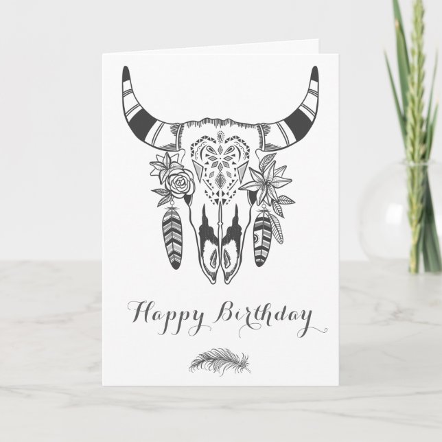 Boho Tribal Skull Grey and White Bohemian Birthday Card (Front)
