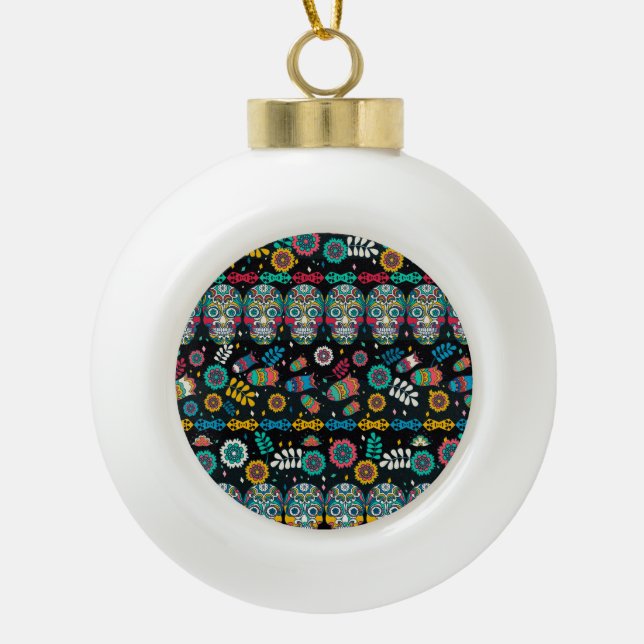 Boho tribal skulls: colourful pattern. ceramic ball christmas ornament (Front)