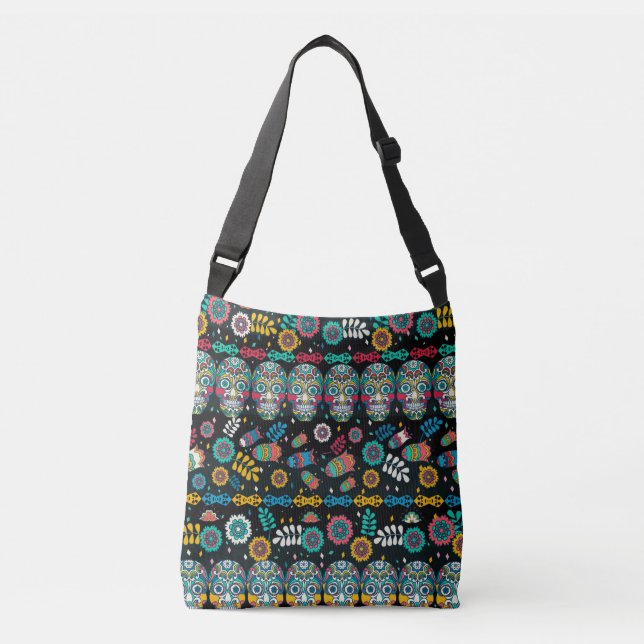 Boho tribal skulls: colourful pattern. crossbody bag (Front)