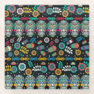 Boho tribal skulls: colourful pattern. glass coaster