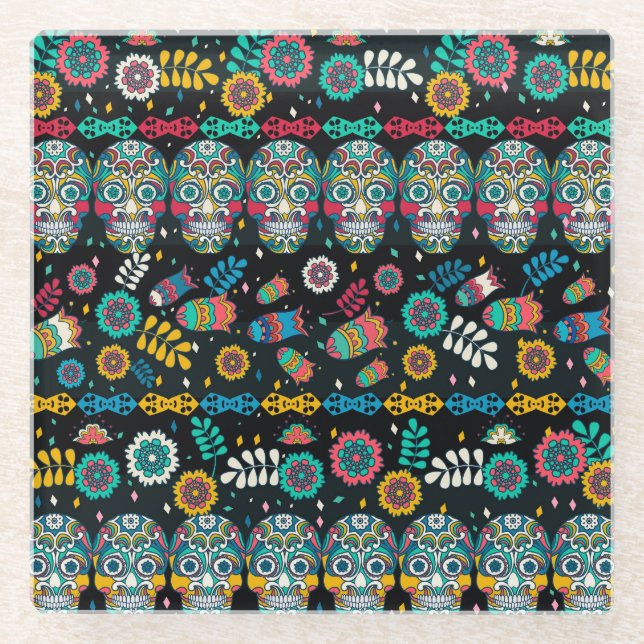 Boho tribal skulls: colourful pattern. glass coaster (Front)