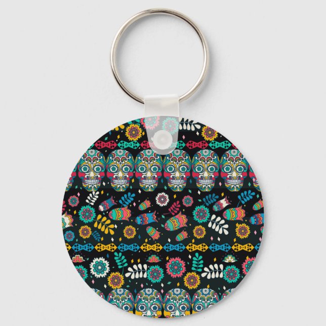 Boho tribal skulls: colourful pattern. key ring (Front)
