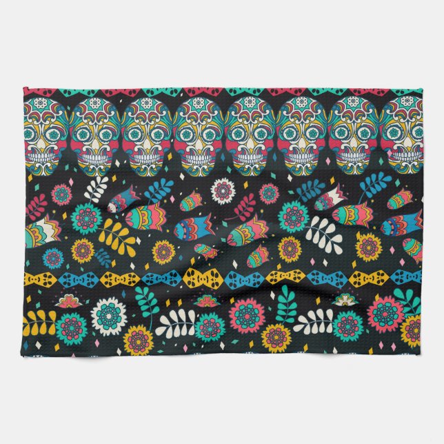 Boho tribal skulls: colourful pattern. tea towel (Horizontal)