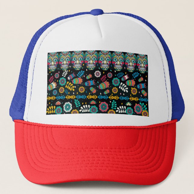 Boho tribal skulls: colourful pattern. trucker hat (Front)