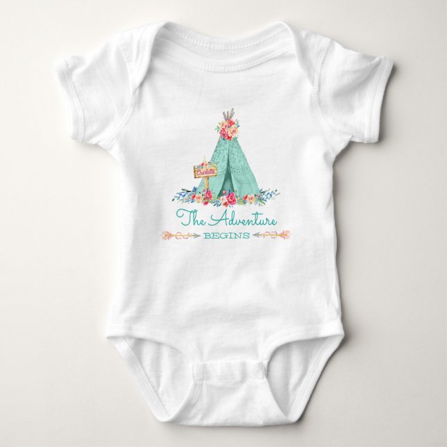 Boho Tribal TeePee Adventure Begins Baby Girl Baby Bodysuit (Front)