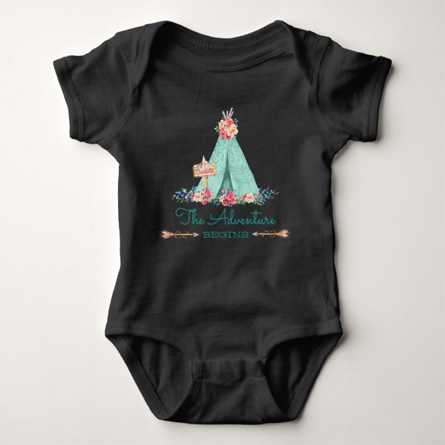 Boho Tribal TeePee Adventure Begins Baby Girl Baby Bodysuit (Front)