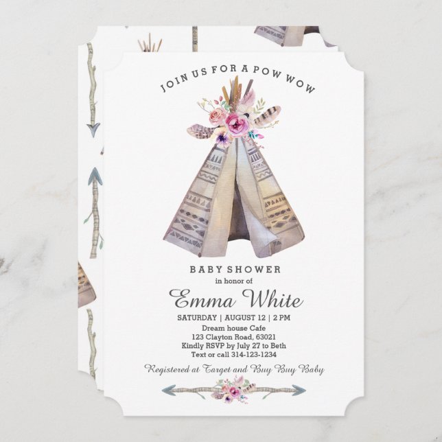 Boho Tribal Teepee Floral Baby Shower Invitation (Front/Back)
