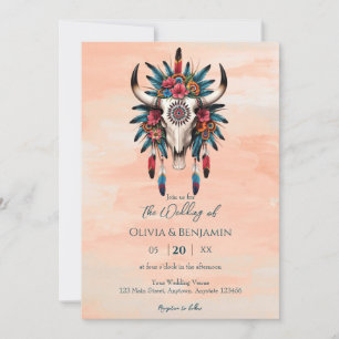 Boho Tribal Watercolor Floral Cow Skull Wedding Invitation