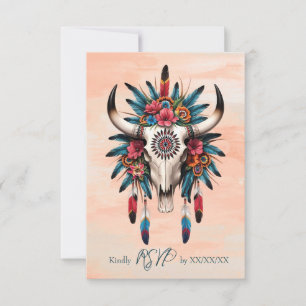 Boho Tribal Watercolor Floral Cow Skull Wedding RSVP Card
