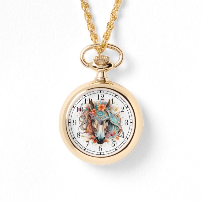 Boho Tribal Watercolor Horse Stylish Chic Womans Watch (Front)