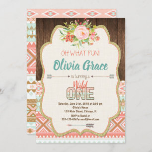 Boho tribal wild one girl 1st birthday invitations