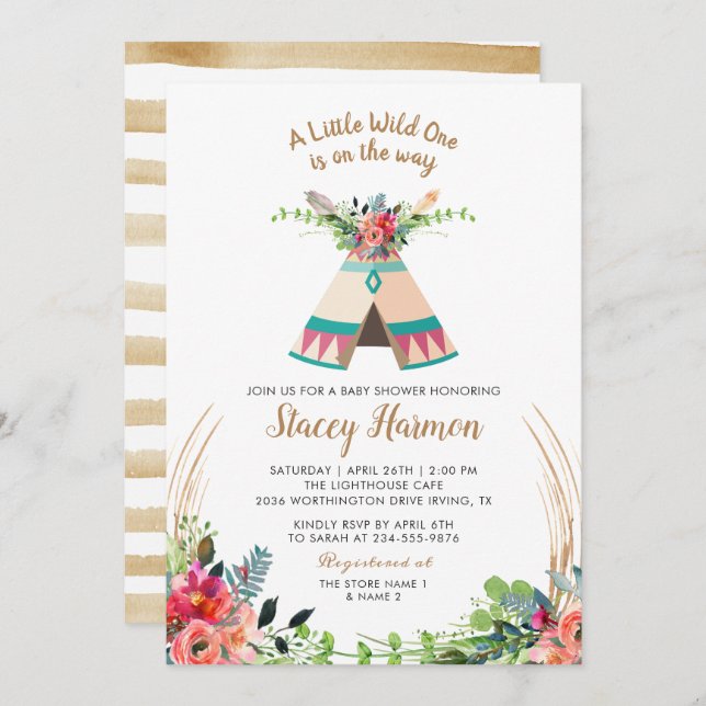 Boho Tribal Wild One Rustic Floral Baby Shower Invitation (Front/Back)