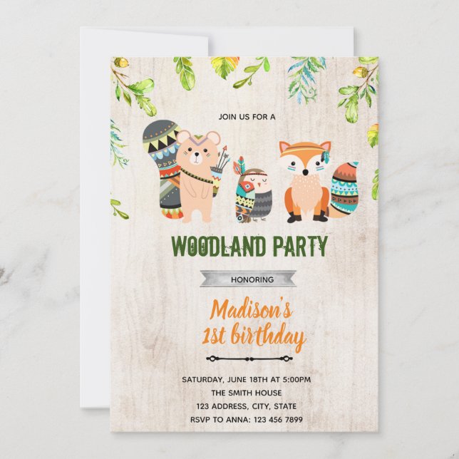 Boho tribal woodland shower invitation (Front)