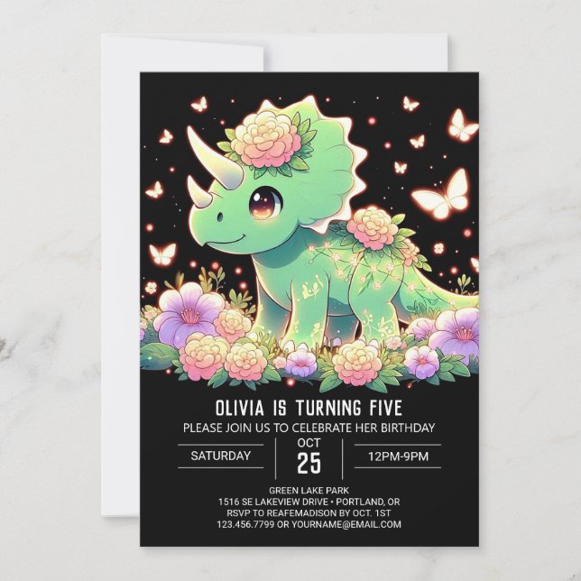 Boho Triceratops Dinosaur Digital Birthday Invitation (Front)