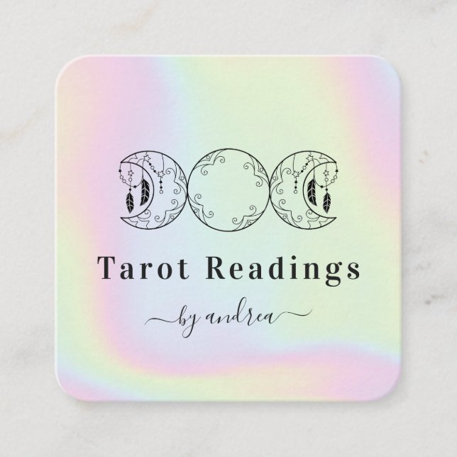 Boho Triple Moon Feather Holographic Energy Healer Square Business Card (Front)