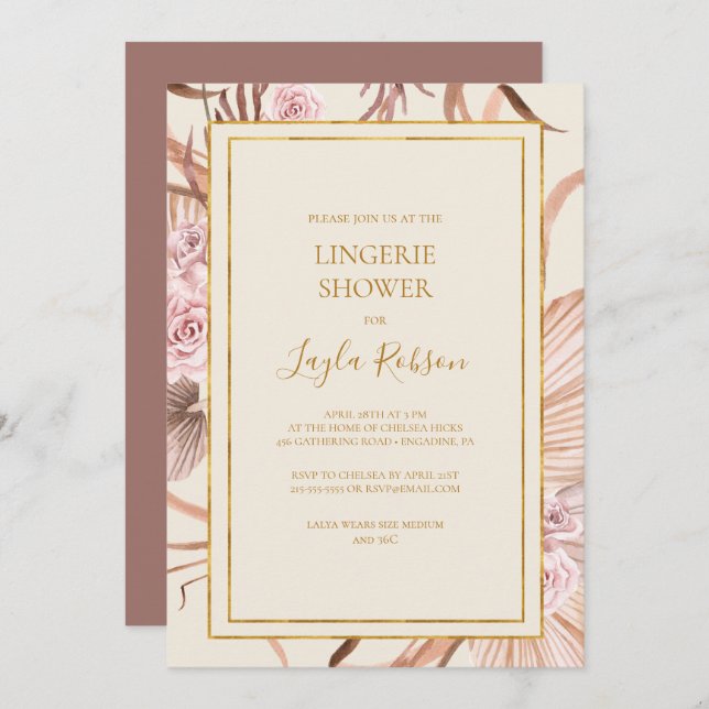 Boho Tropical Botanical Dusty Rose Lingerie Shower Invitation (Front/Back)
