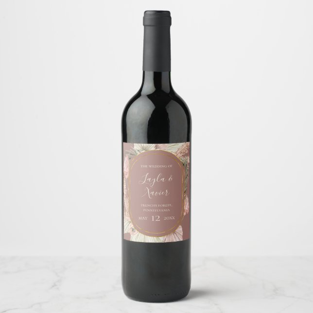 Boho Tropical Botanical | Dusty Rose Wedding Wine Label (Front)