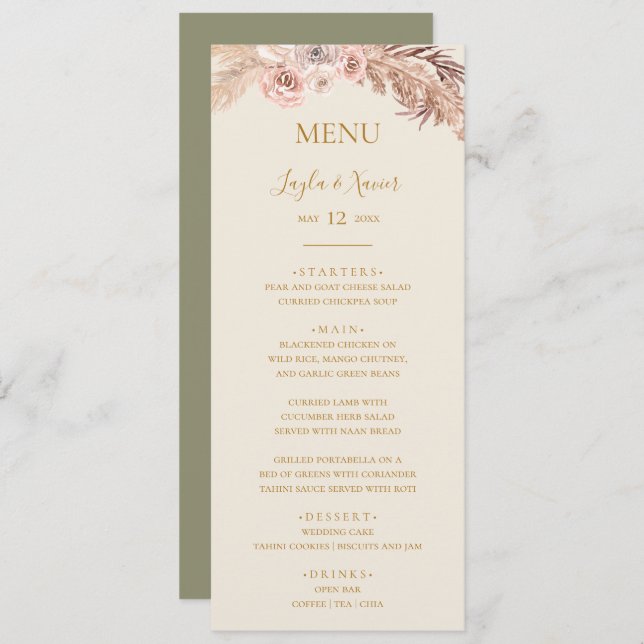 Boho Tropical Botanical | Green Wedding Dinner Menu (Front/Back)