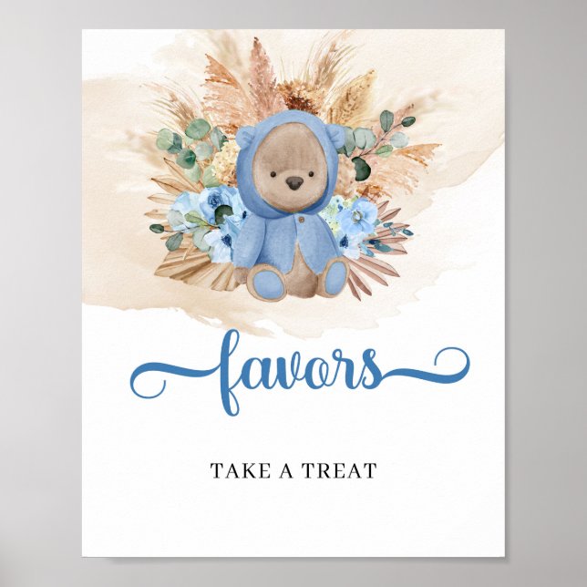 Boho tropical boy teddy bear pampas grass favours poster (Front)