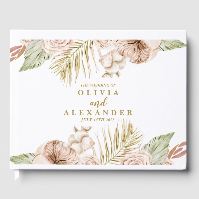 Boho Tropical Dried Floral Palm leaves wedding Guest Book (Front)