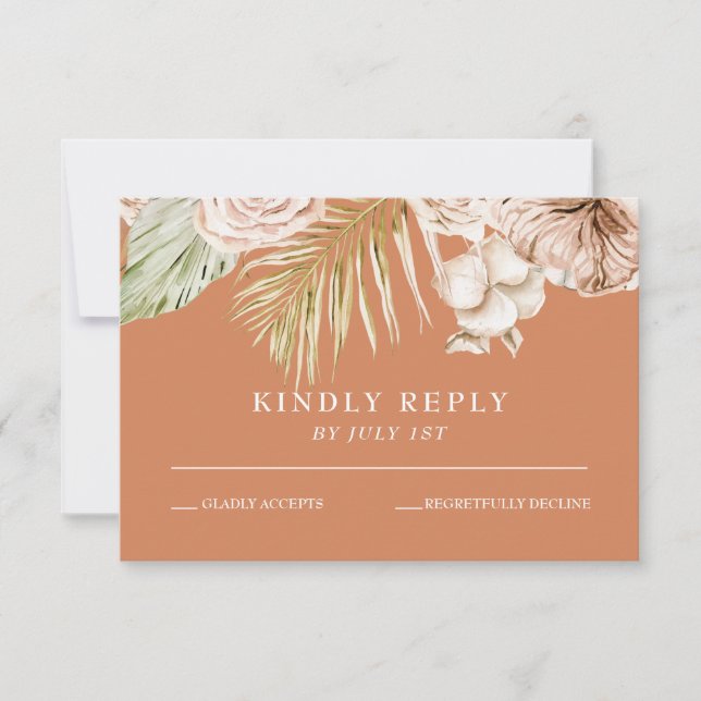 Boho Tropical Floral and palm terracotta wedding R RSVP Card (Front)